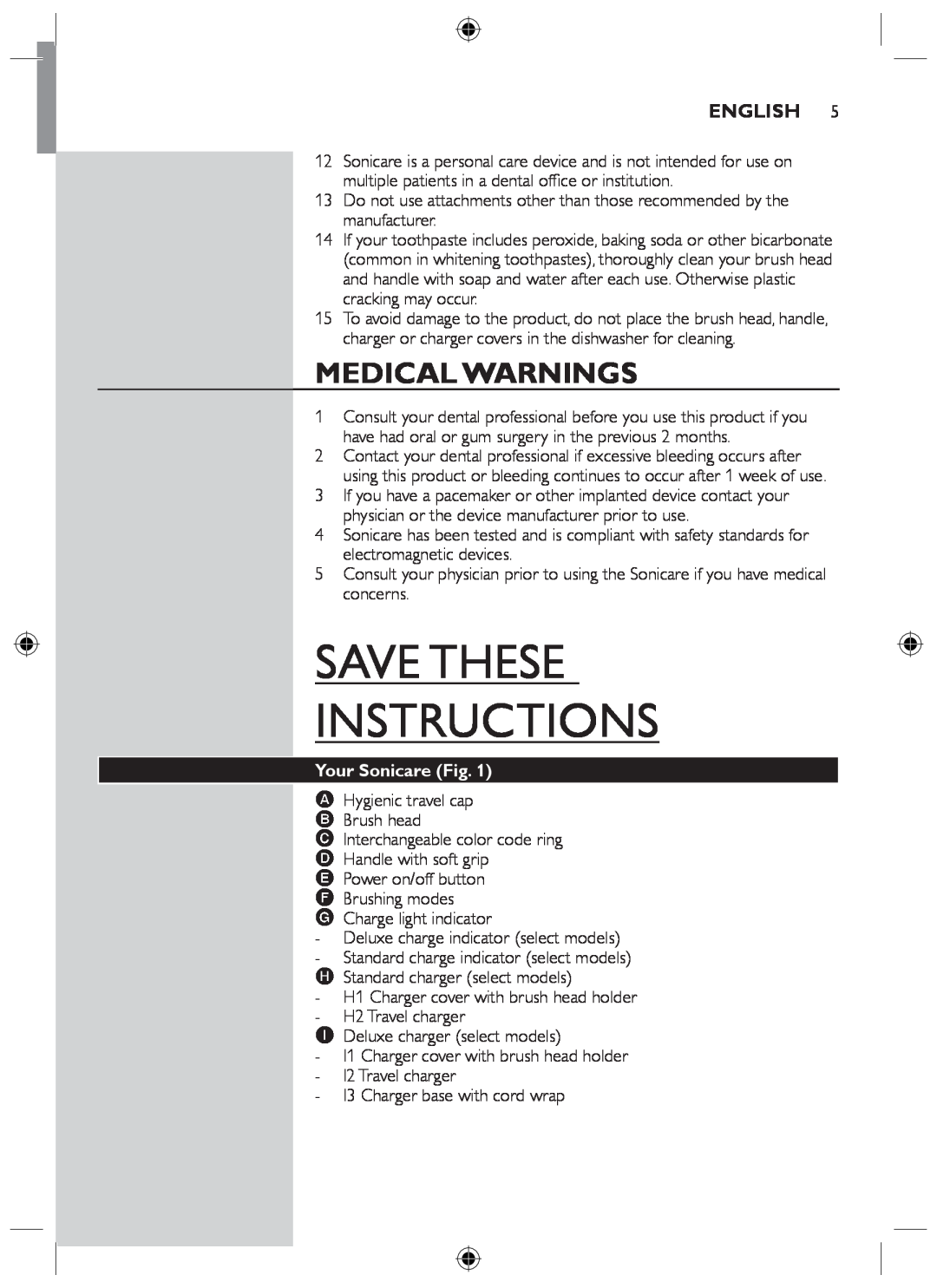 Philips HX6710 manual Medical Warnings, Your Sonicare Fig, Save These Instructions, English 
