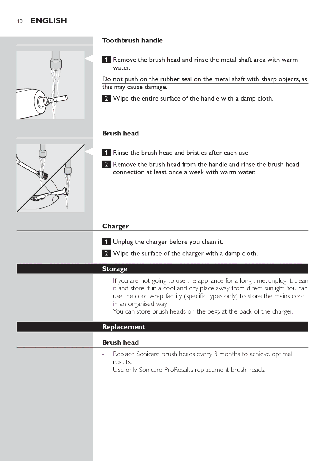 Philips HX6711 manual Toothbrush handle, Brush head, Charger, Storage, Replacement 