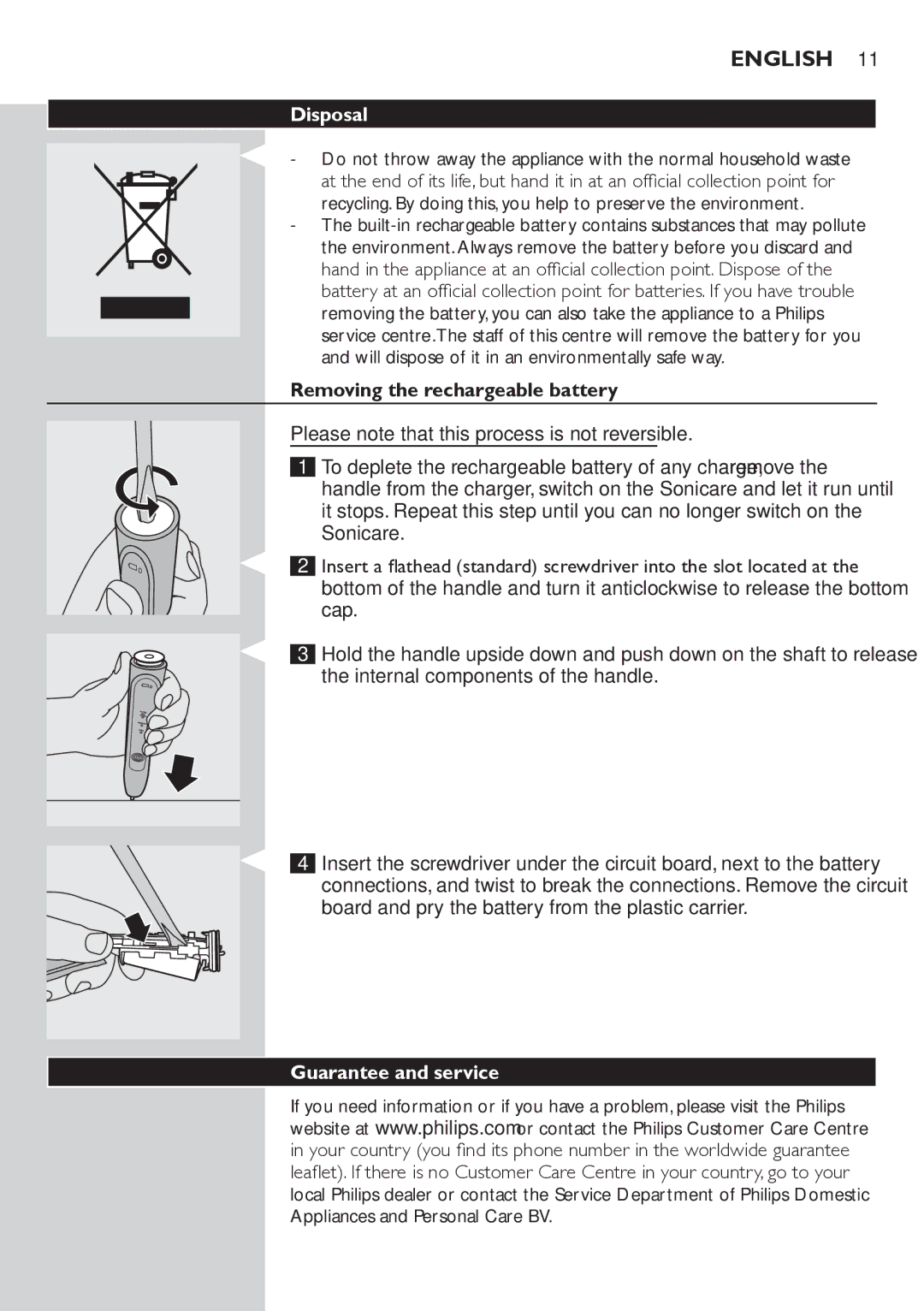 Philips HX6711 manual Disposal, Removing the rechargeable battery, Guarantee and service 