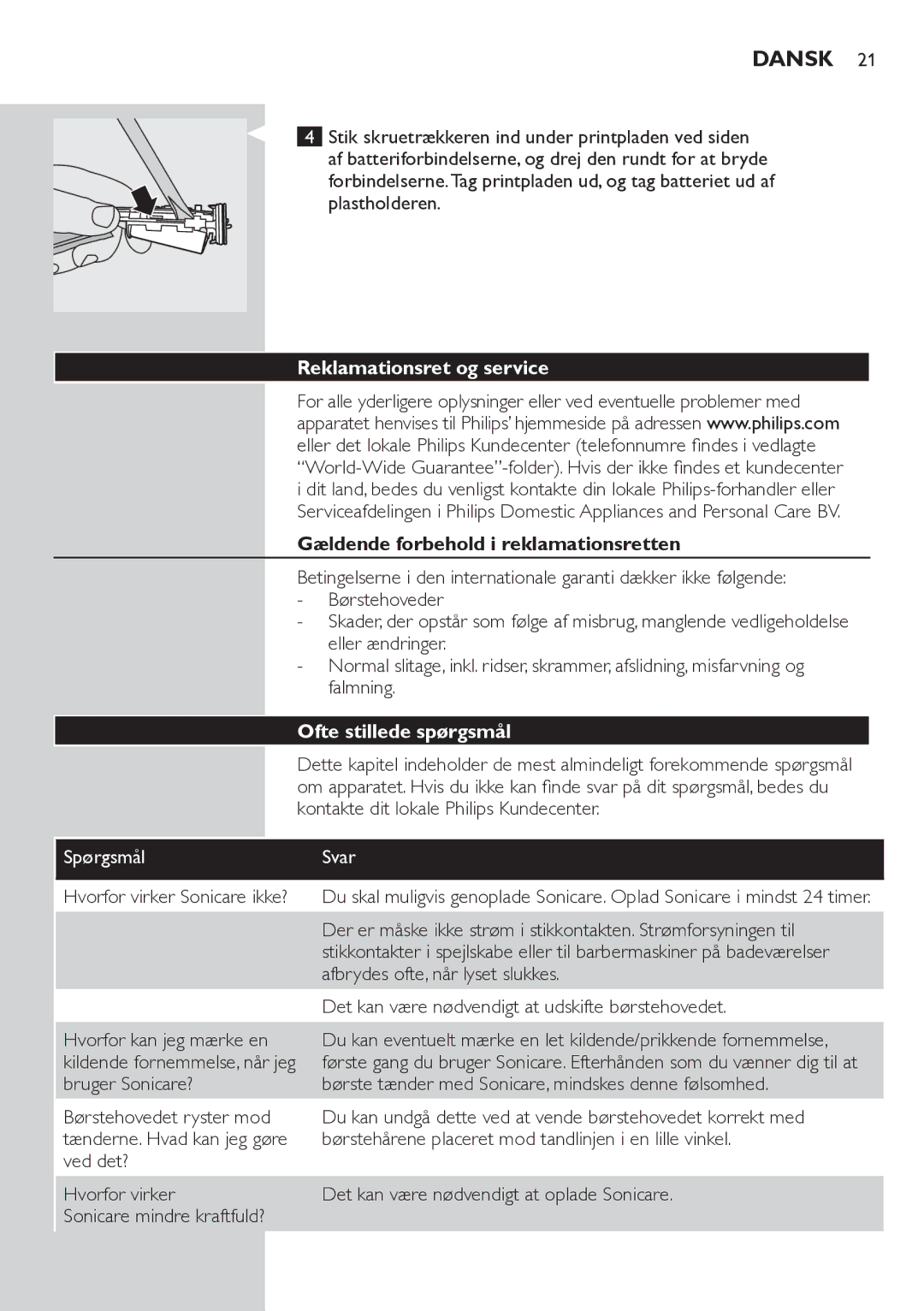 Philips HX6711 manual Reklamationsret og service, Gældende forbehold i reklamationsretten, Ofte stillede spørgsmål 