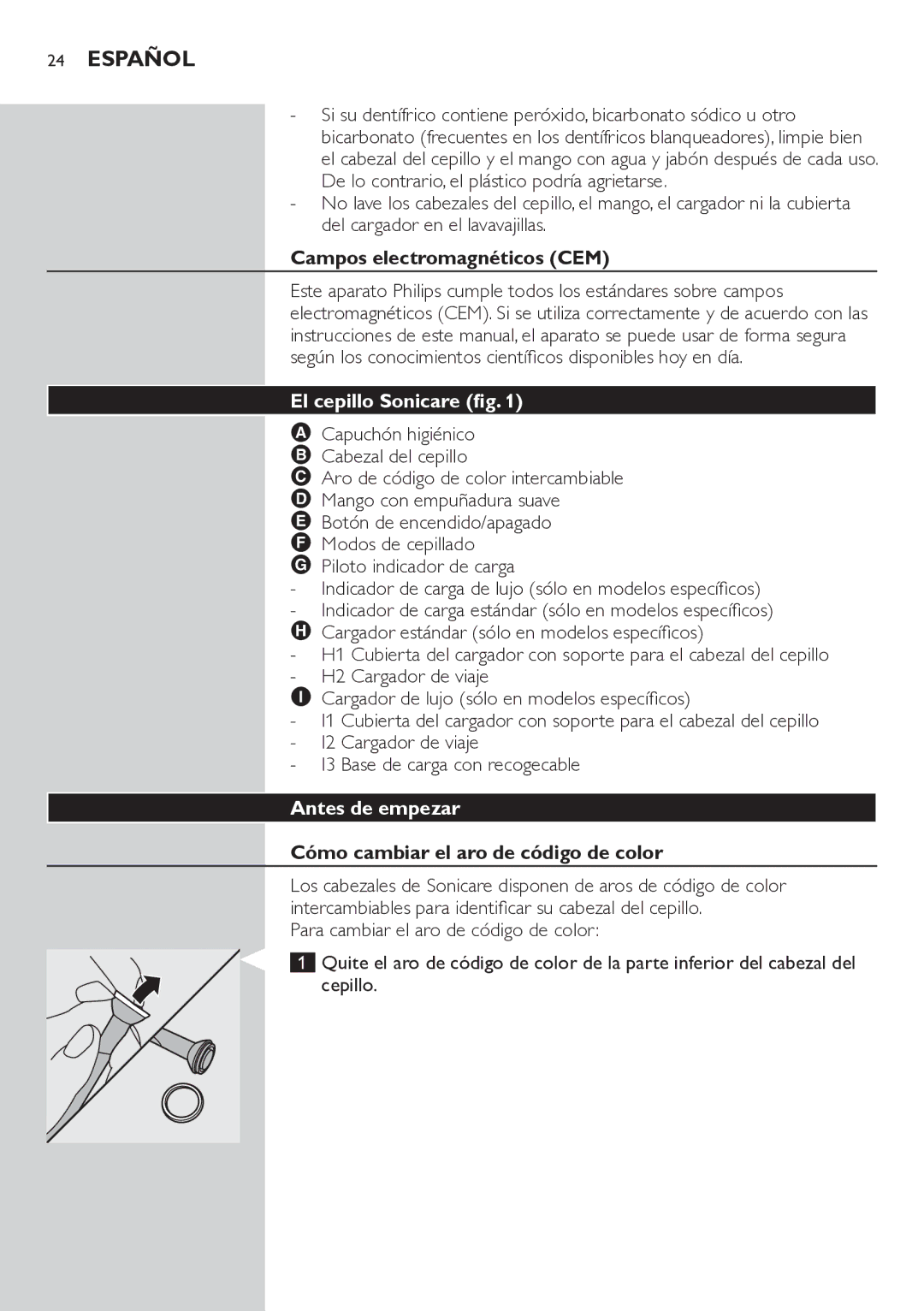 Philips HX6711 manual Español, Campos electromagnéticos CEM, El cepillo Sonicare fig, Antes de empezar 