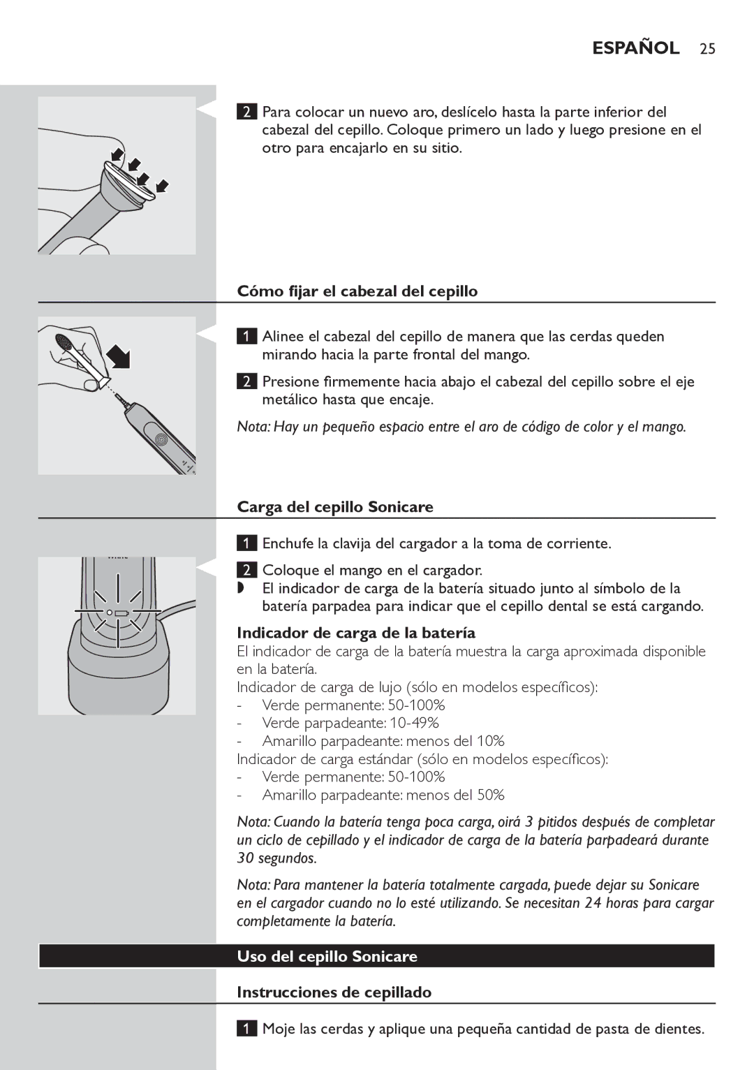 Philips HX6711 manual Cómo fijar el cabezal del cepillo, Carga del cepillo Sonicare, Indicador de carga de la batería 