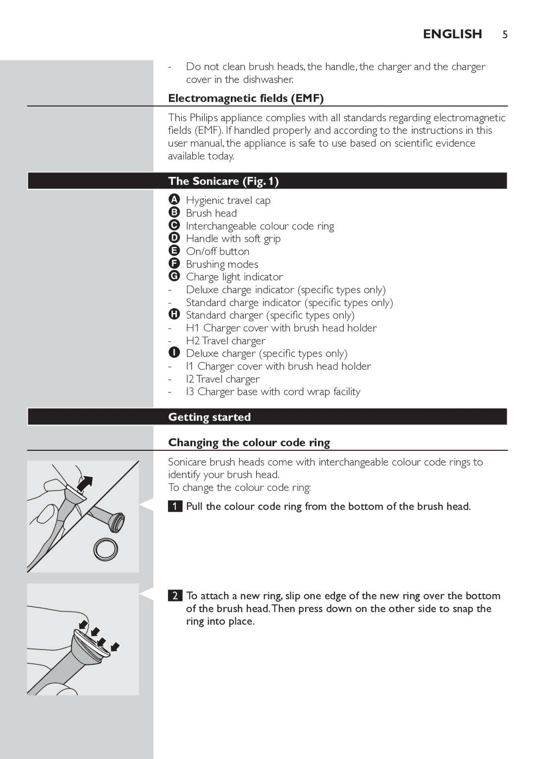 Philips HX6711 manual English, Electromagnetic fields EMF, Sonicare Fig, Getting started, Changing the colour code ring 