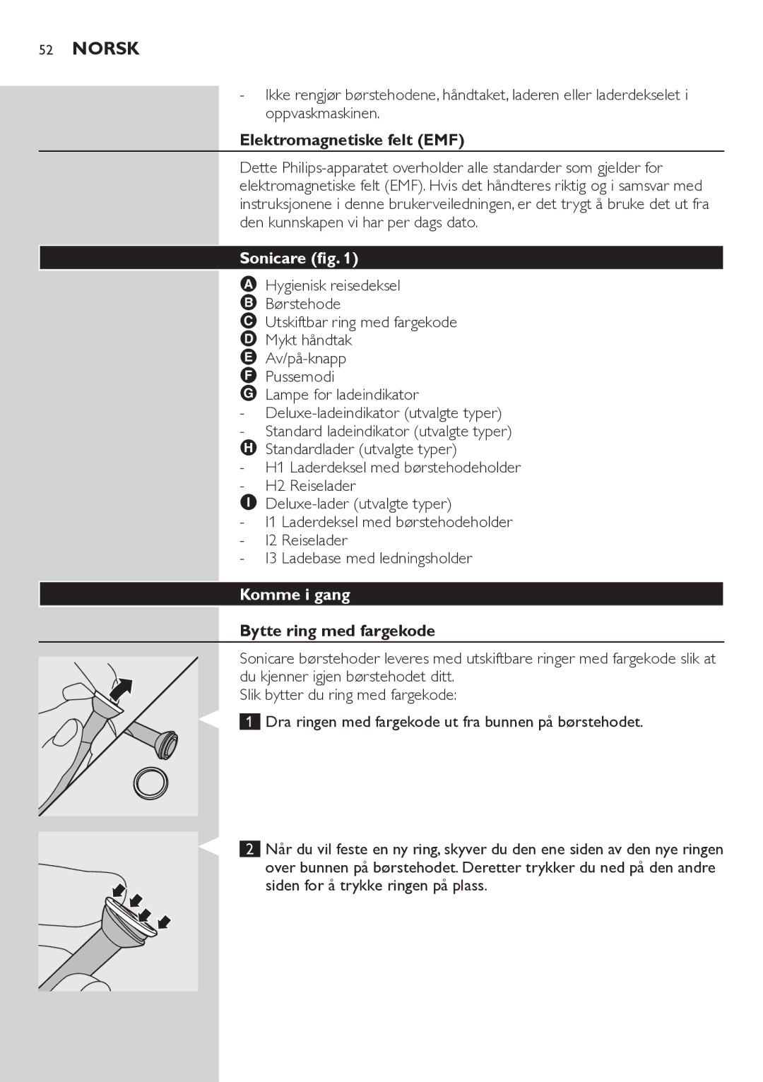 Philips HX6711 manual Norsk, Elektromagnetiske felt EMF, Komme i gang, Bytte ring med fargekode 