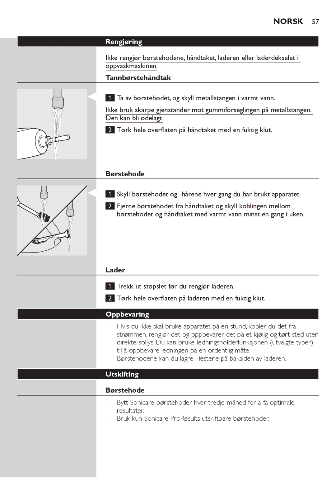 Philips HX6711 manual Rengjøring, Oppbevaring, Utskifting 