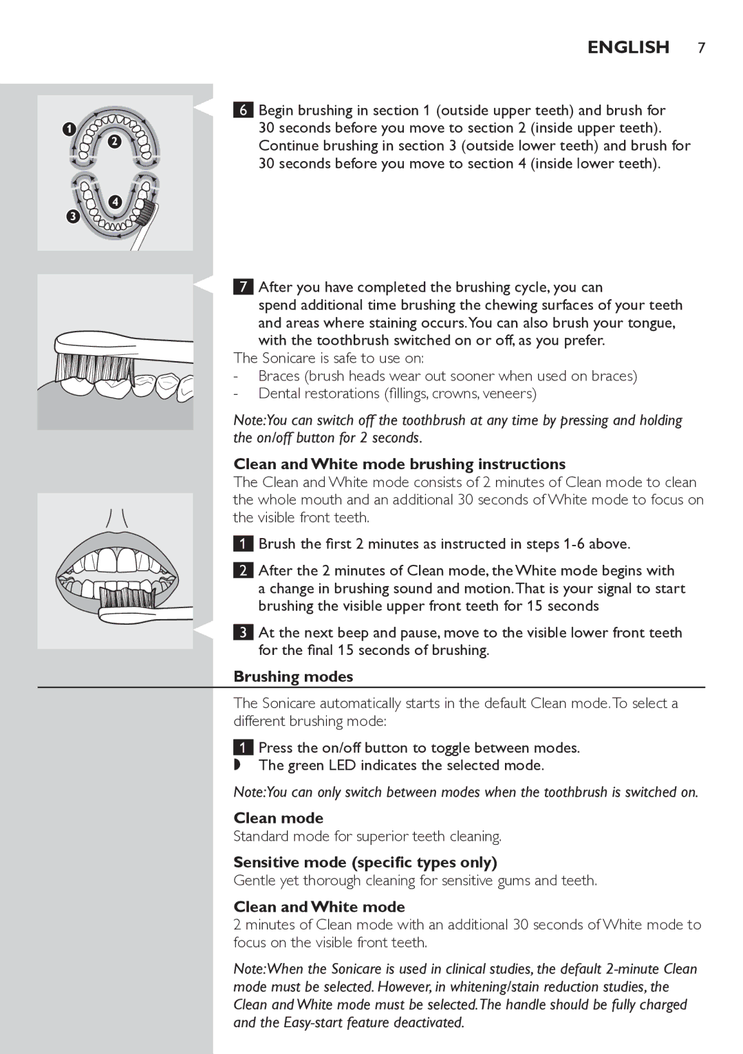 Philips HX6711 Clean and White mode brushing instructions, Brushing modes, Clean mode, Sensitive mode specific types only 