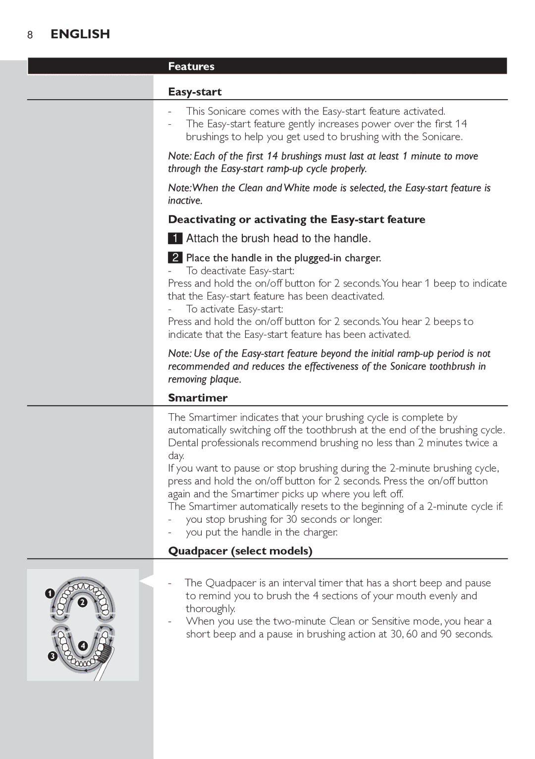 Philips HX6711 manual Features, Deactivating or activating the Easy-start feature, Smartimer, Quadpacer select models 