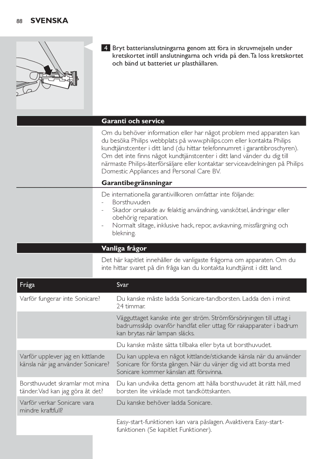 Philips HX6711 manual Garanti och service, Garantibegränsningar, Vanliga frågor, Fråga Svar 