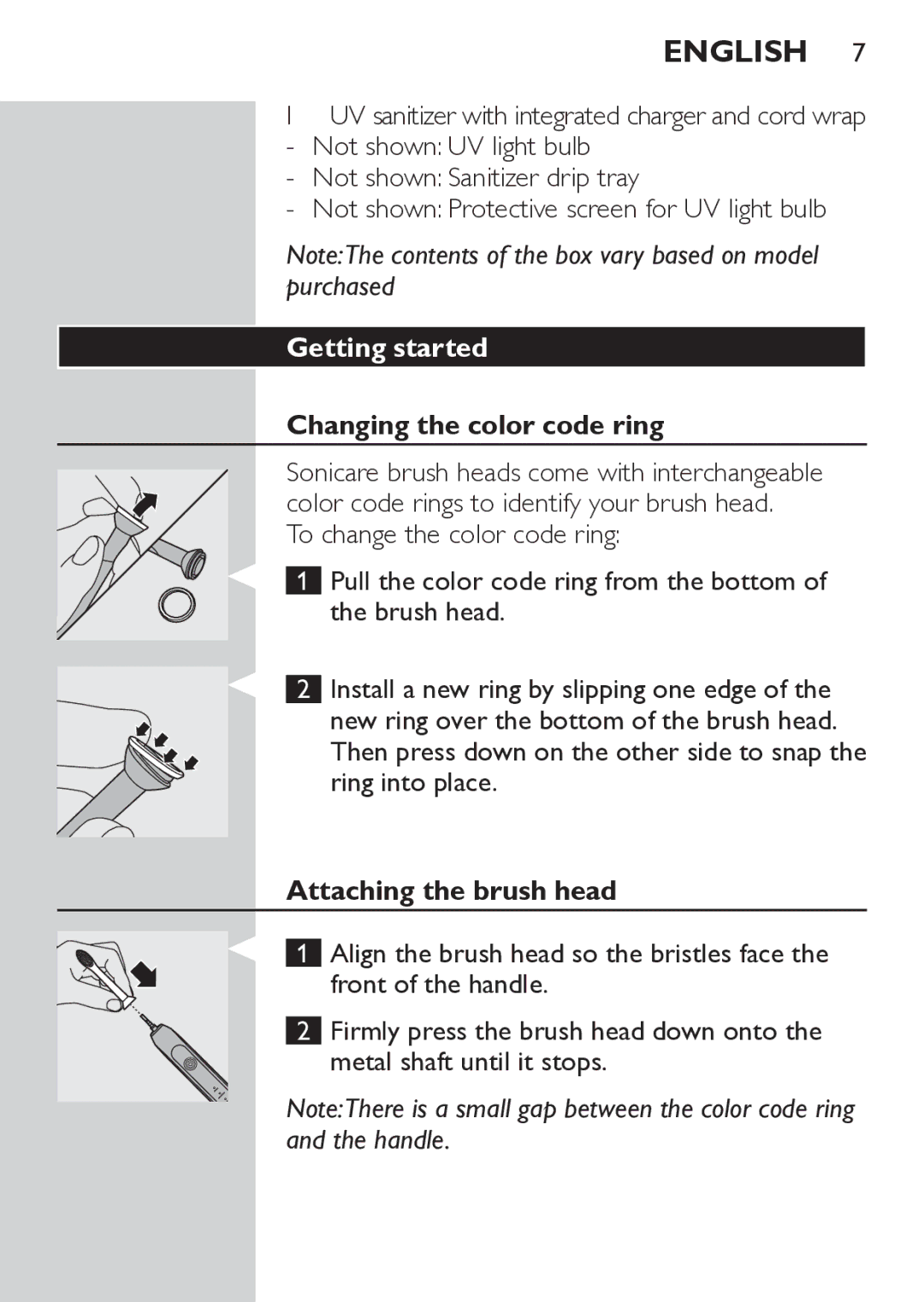 Philips HX6733 manual Getting started, Changing the color code ring, Attaching the brush head 