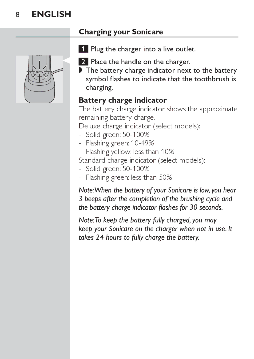 Philips HX6733 manual Charging your Sonicare, Battery charge indicator 