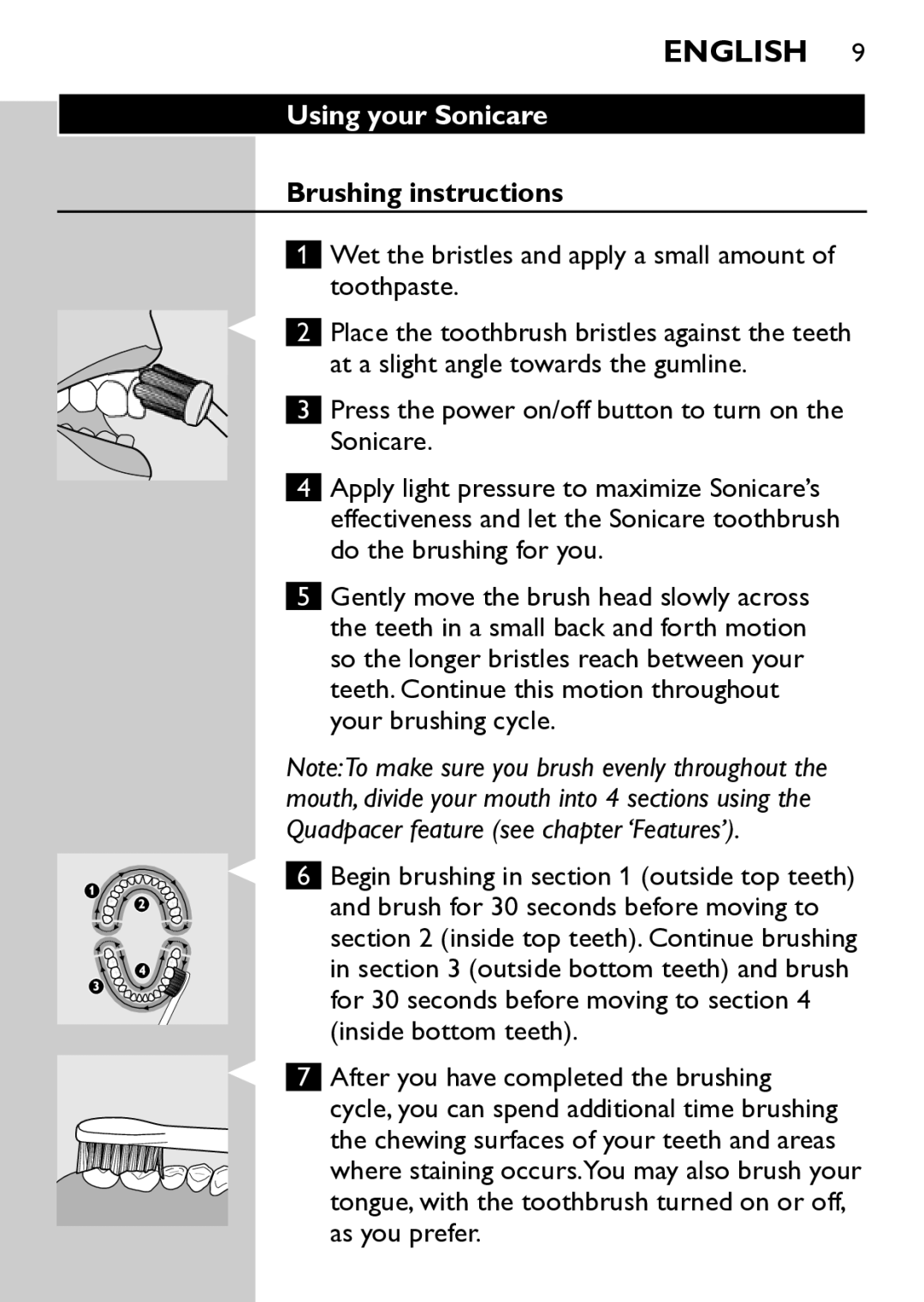 Philips HX6733 manual Using your Sonicare, Brushing instructions 