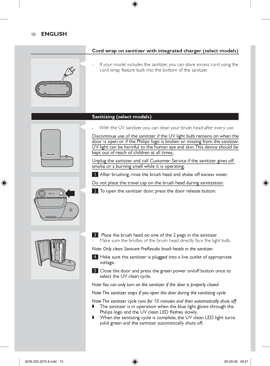 Philips HX6910 manual Cord wrap on sanitizer with integrated charger select models, Sanitizing select models 