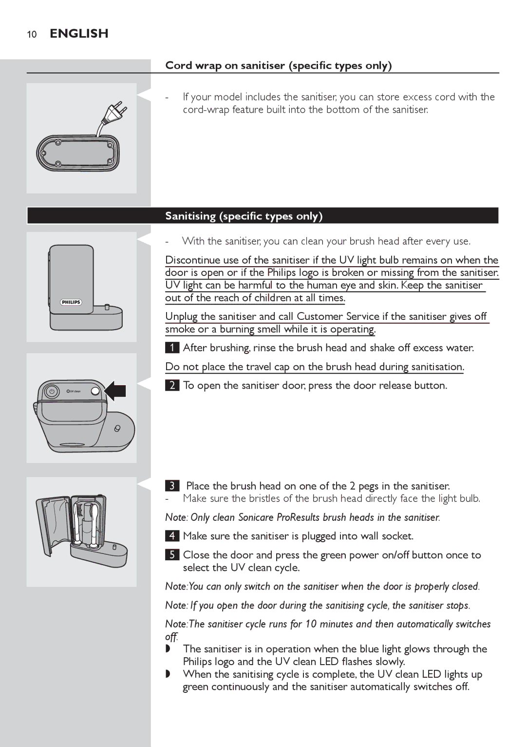 Philips HX6982 manual Cord wrap on sanitiser specific types only, Cord-wrap feature built into the bottom of the sanitiser 