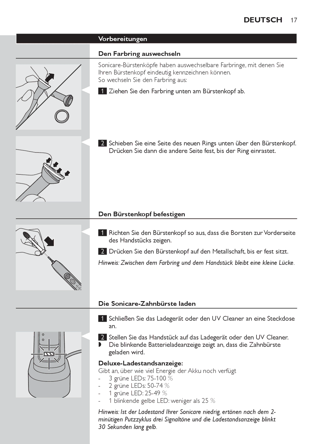 Philips HX6933, HX6942 Vorbereitungen, Den Farbring auswechseln, Den Bürstenkopf befestigen, Die Sonicare-Zahnbürste laden 