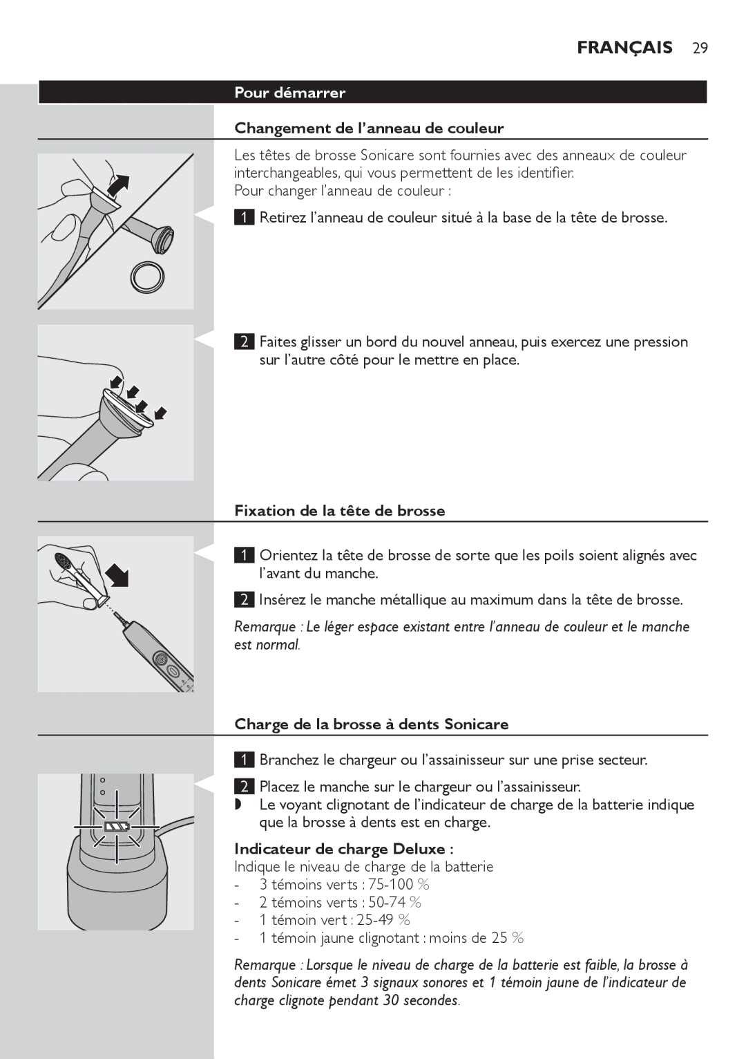 Philips HX6933, HX6942, HX6982, HX6911 manual Pour démarrer, Changement de l’anneau de couleur, Fixation de la tête de brosse 