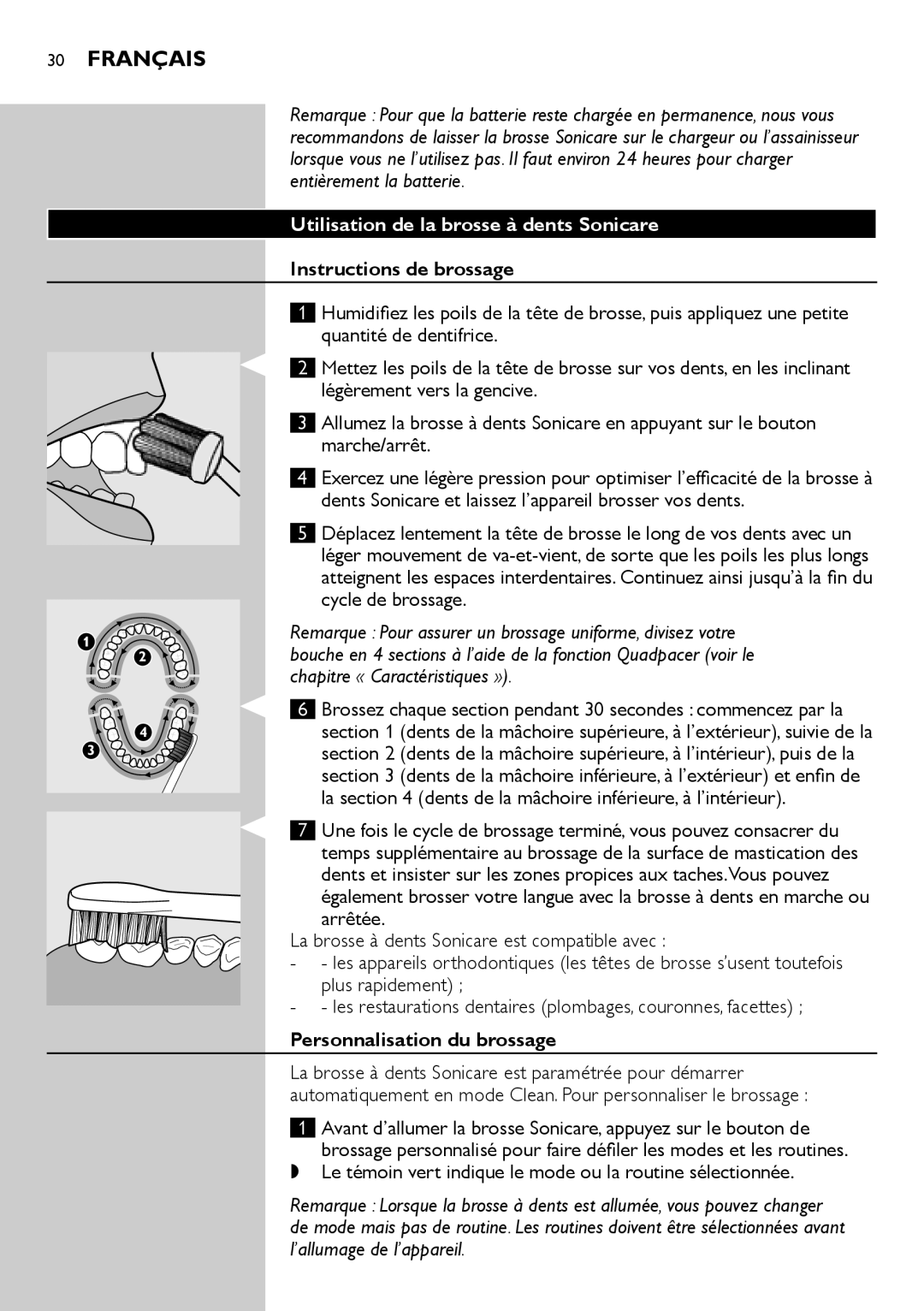 Philips HX6982, HX6942 Utilisation de la brosse à dents Sonicare, Instructions de brossage, Personnalisation du brossage 