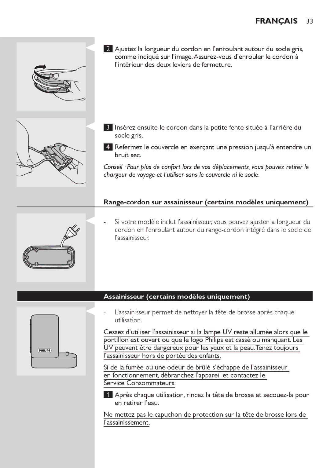 Philips HX6933, HX6942 Range-cordon sur assainisseur certains modèles uniquement, Assainisseur certains modèles uniquement 