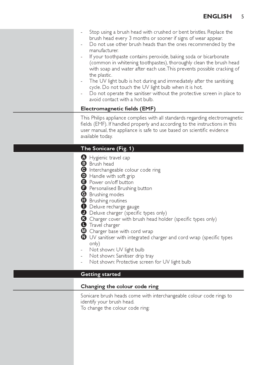 Philips HX6933, HX6942, HX6982 Electromagnetic fields EMF, Sonicare Fig, Getting started, Changing the colour code ring 