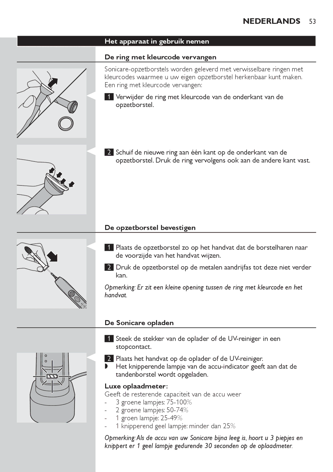 Philips HX6933, HX6942, HX6982 Het apparaat in gebruik nemen, De ring met kleurcode vervangen, De opzetborstel bevestigen 