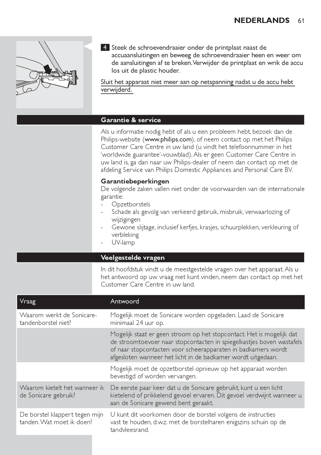 Philips HX6933, HX6942, HX6982, HX6911 manual Garantie & service, Garantiebeperkingen, Veelgestelde vragen 