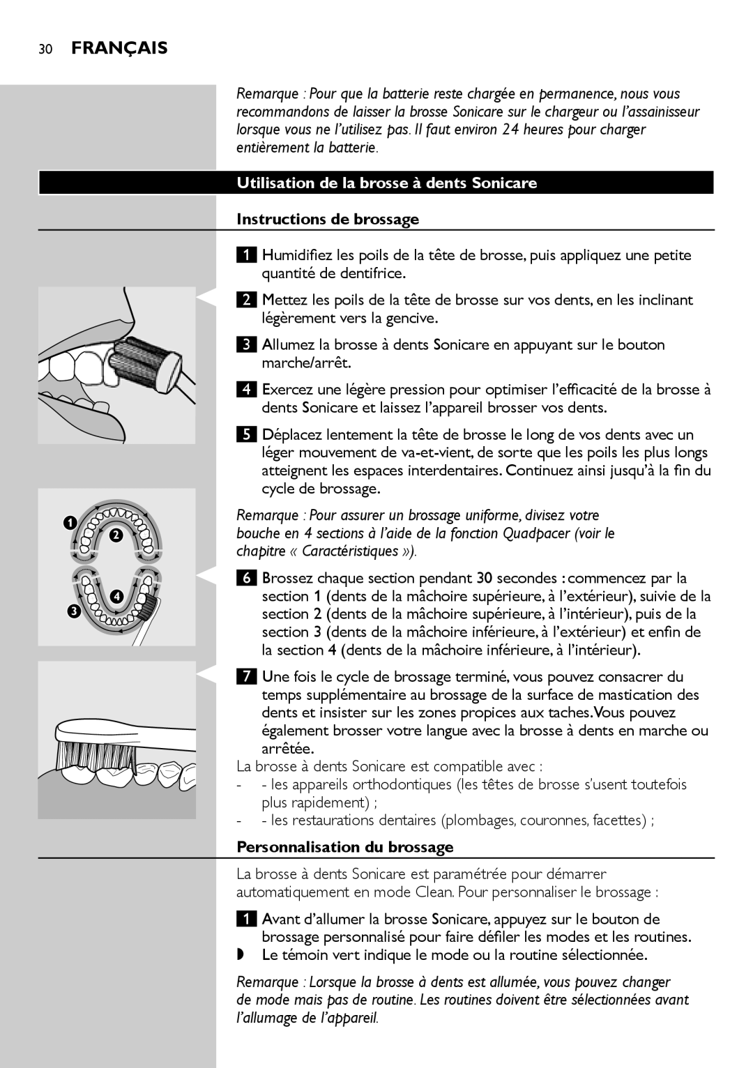 Philips HX6982 Français, Utilisation de la brosse à dents Sonicare, Instructions de brossage, Personnalisation du brossage 