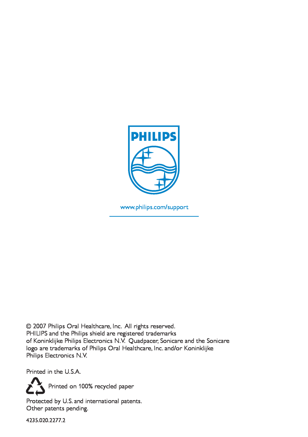 Philips HX6942, HX6933, HX6982, HX6911 manual Printed in the U.S.A Printed on 100% recycled paper 