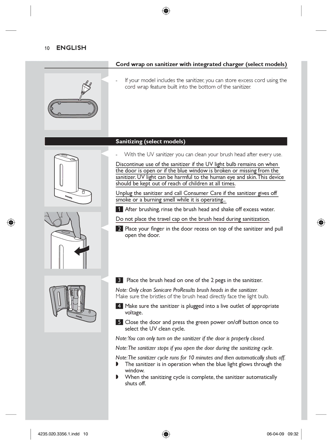 Philips HX6950, HX6972/10 manual Cord wrap on sanitizer with integrated charger select models, Sanitizing select models 