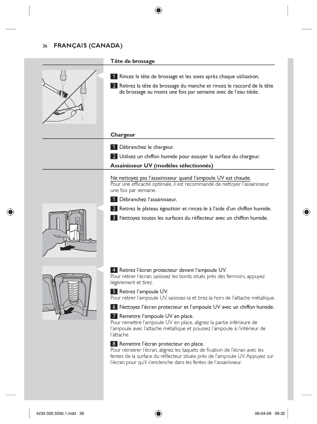 Philips HX6950, HX6972/10 manual Tête de brossage, Chargeur, Assainisseur UV modèles sélectionnés 