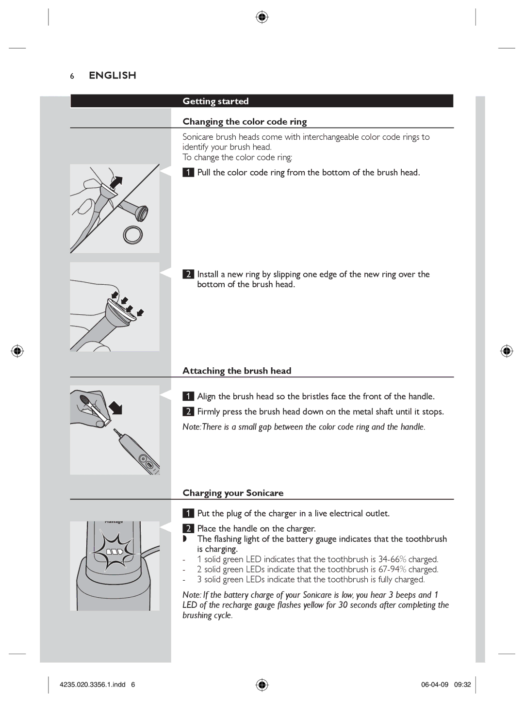 Philips HX6950, HX6972/10 Getting started, Changing the color code ring, Attaching the brush head, Charging your Sonicare 