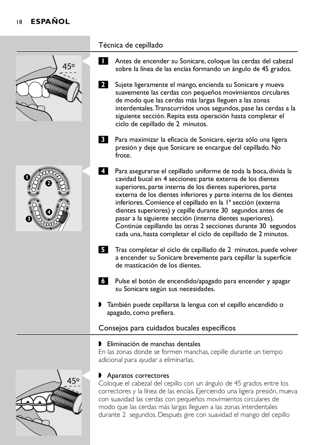 Philips HX7551 manual Técnica de cepillado, Consejos para cuidados bucales específicos, Aparatos correctores 