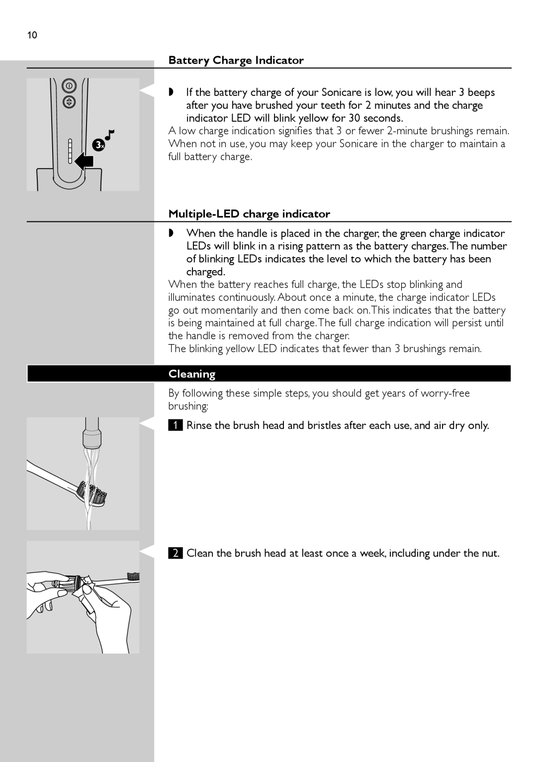 Philips HX9500, HX9882/33 manual Battery Charge Indicator, Multiple-LED charge indicator, Charged, Cleaning 