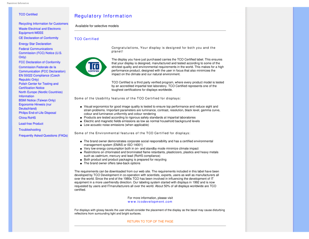 Philips I7SIA user manual Regulatory Information, TCO Certified 