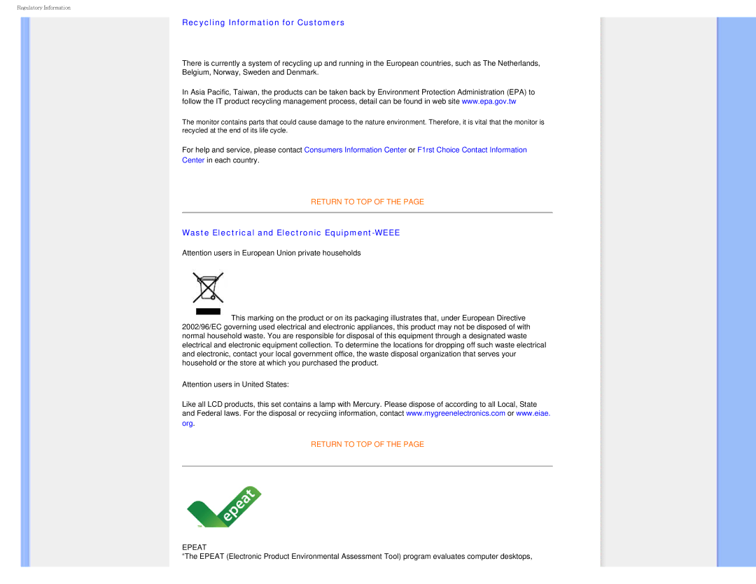 Philips I7SIA user manual Recycling Information for Customers, Waste Electrical and Electronic Equipment-WEEE 