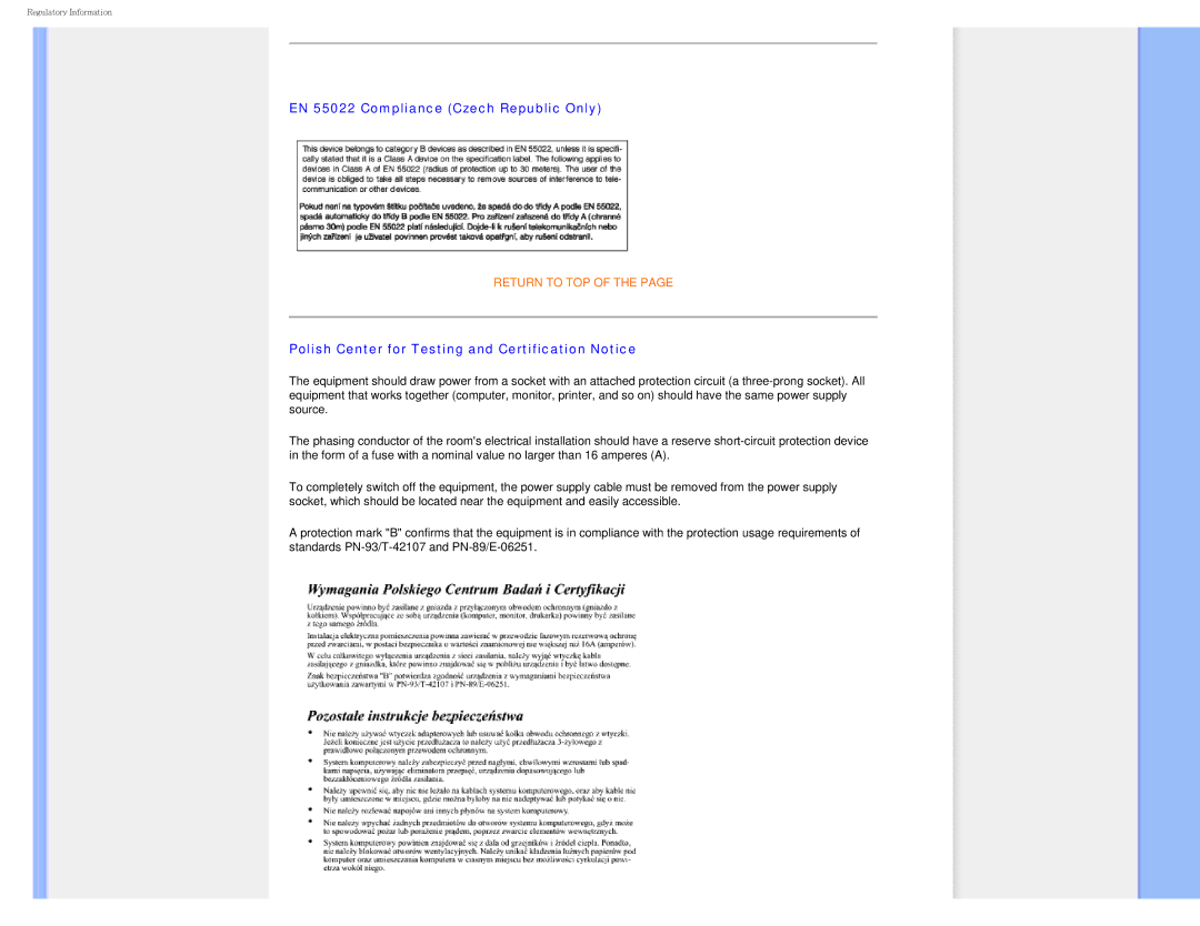 Philips I7SIA user manual EN 55022 Compliance Czech Republic Only, Polish Center for Testing and Certification Notice 
