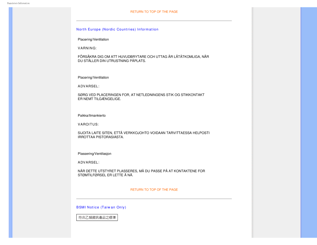 Philips I7SIA user manual North Europe Nordic Countries Information, Bsmi Notice Taiwan Only 