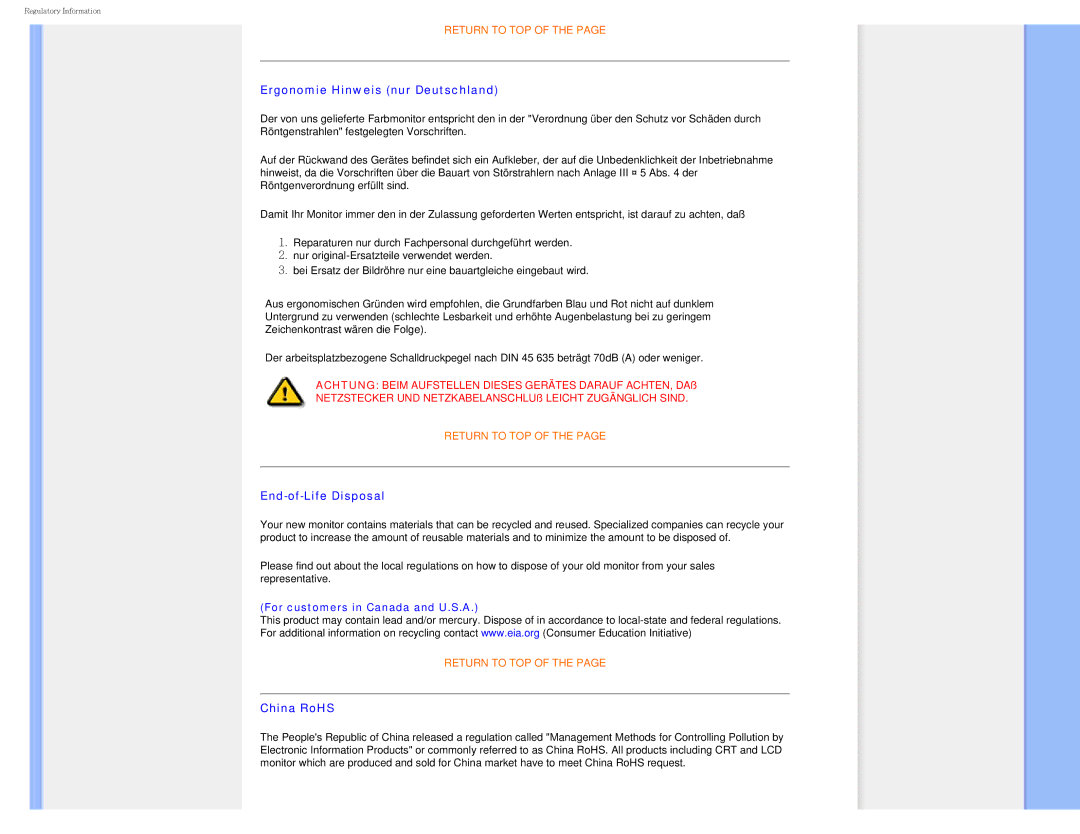 Philips I7SIA user manual Ergonomie Hinweis nur Deutschland, End-of-Life Disposal, China RoHS 