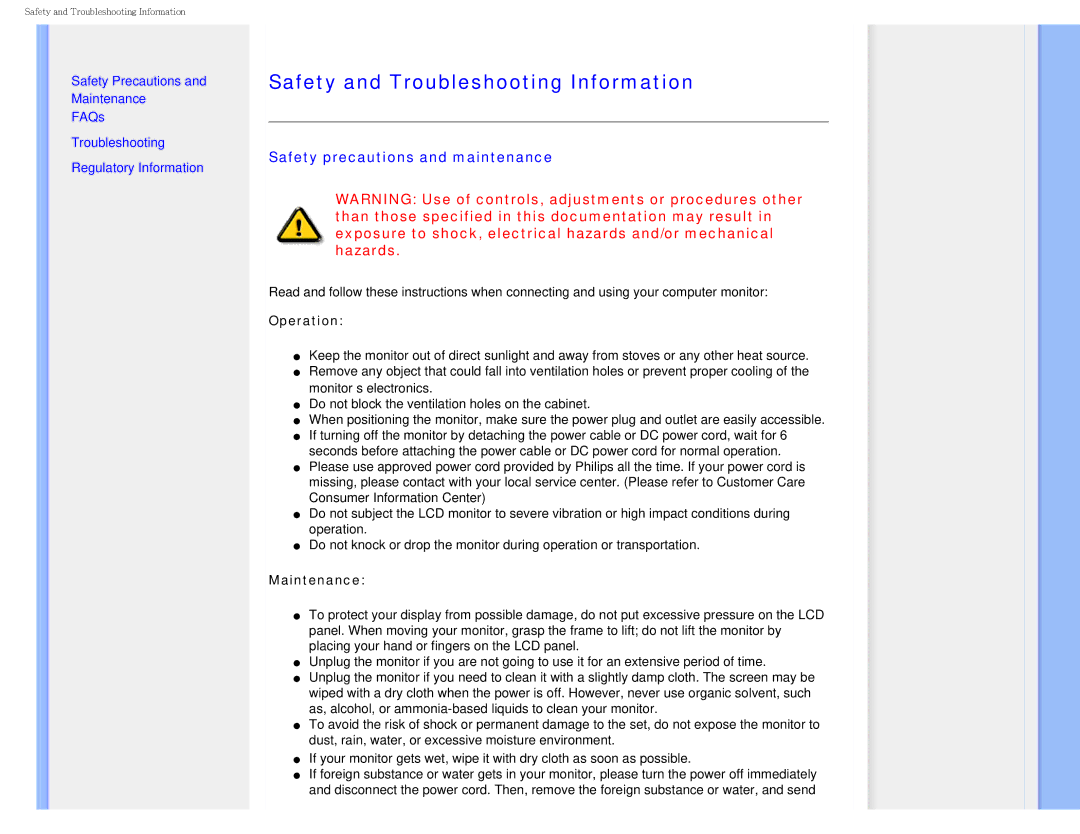 Philips I7SIA user manual Safety and Troubleshooting Information, Safety precautions and maintenance 