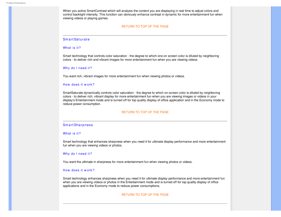 Philips I7SIA user manual SmartSaturate, SmartSharpness 