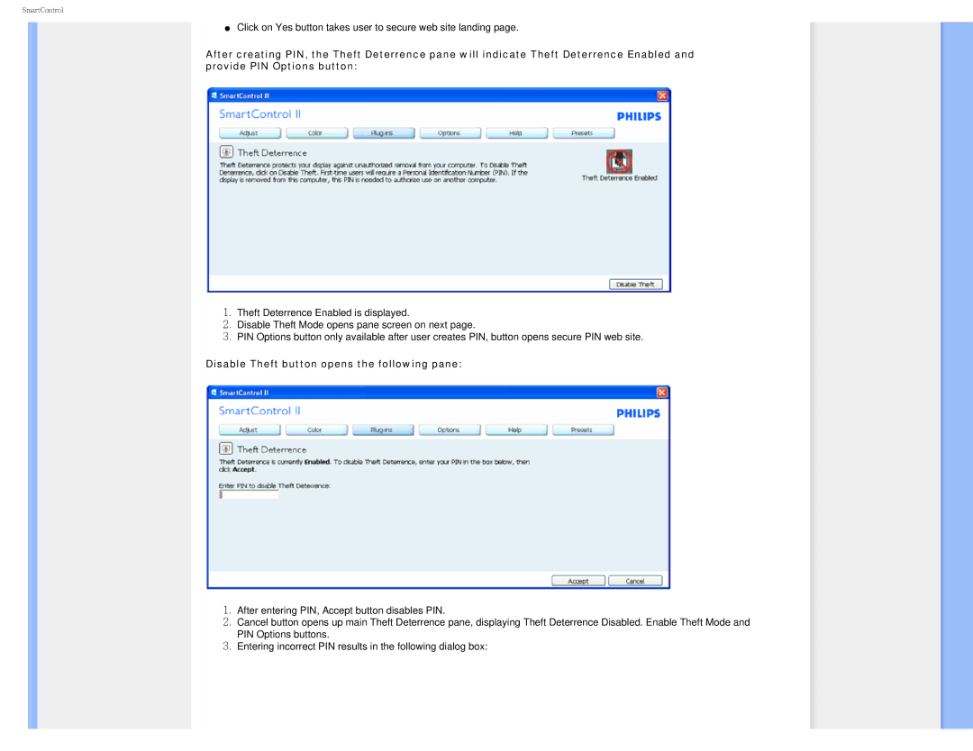 Philips I7SIA user manual Disable Theft button opens the following pane 