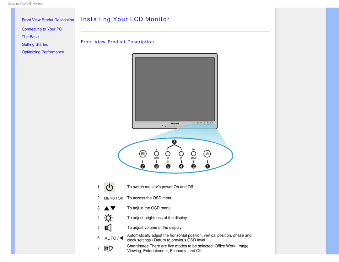 Philips I7SIA user manual Installing Your LCD Monitor, Front View Product Description 