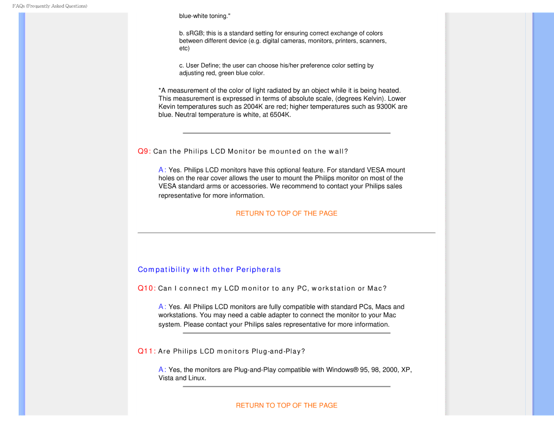 Philips I7SIA user manual Compatibility with other Peripherals, Q9 Can the Philips LCD Monitor be mounted on the wall? 