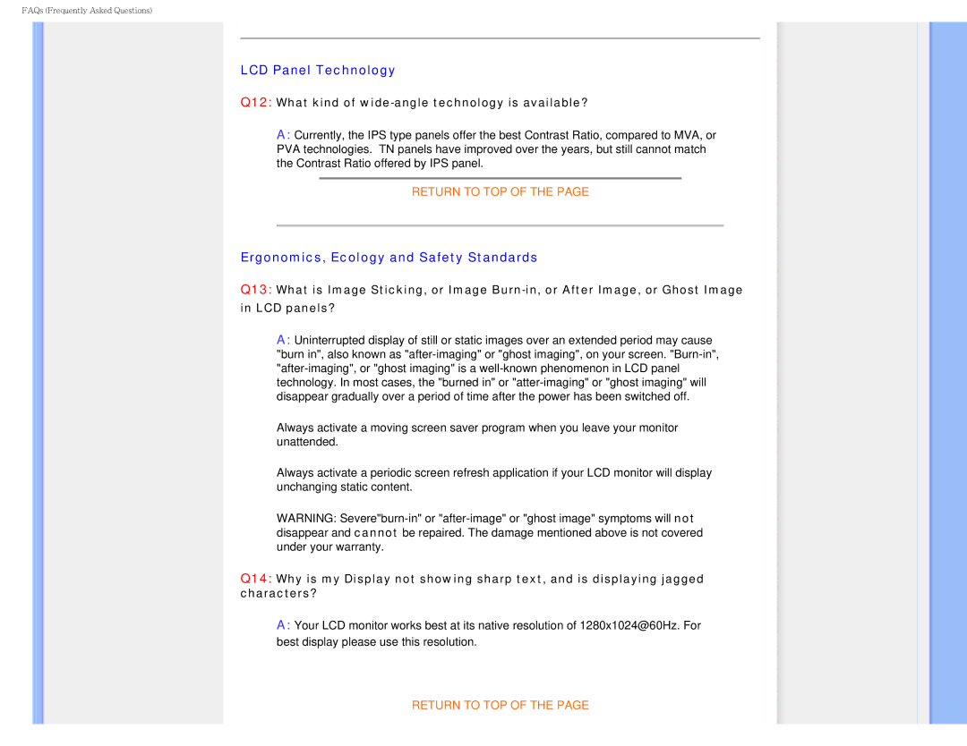 Philips I7SIA user manual LCD Panel Technology, Ergonomics, Ecology and Safety Standards 