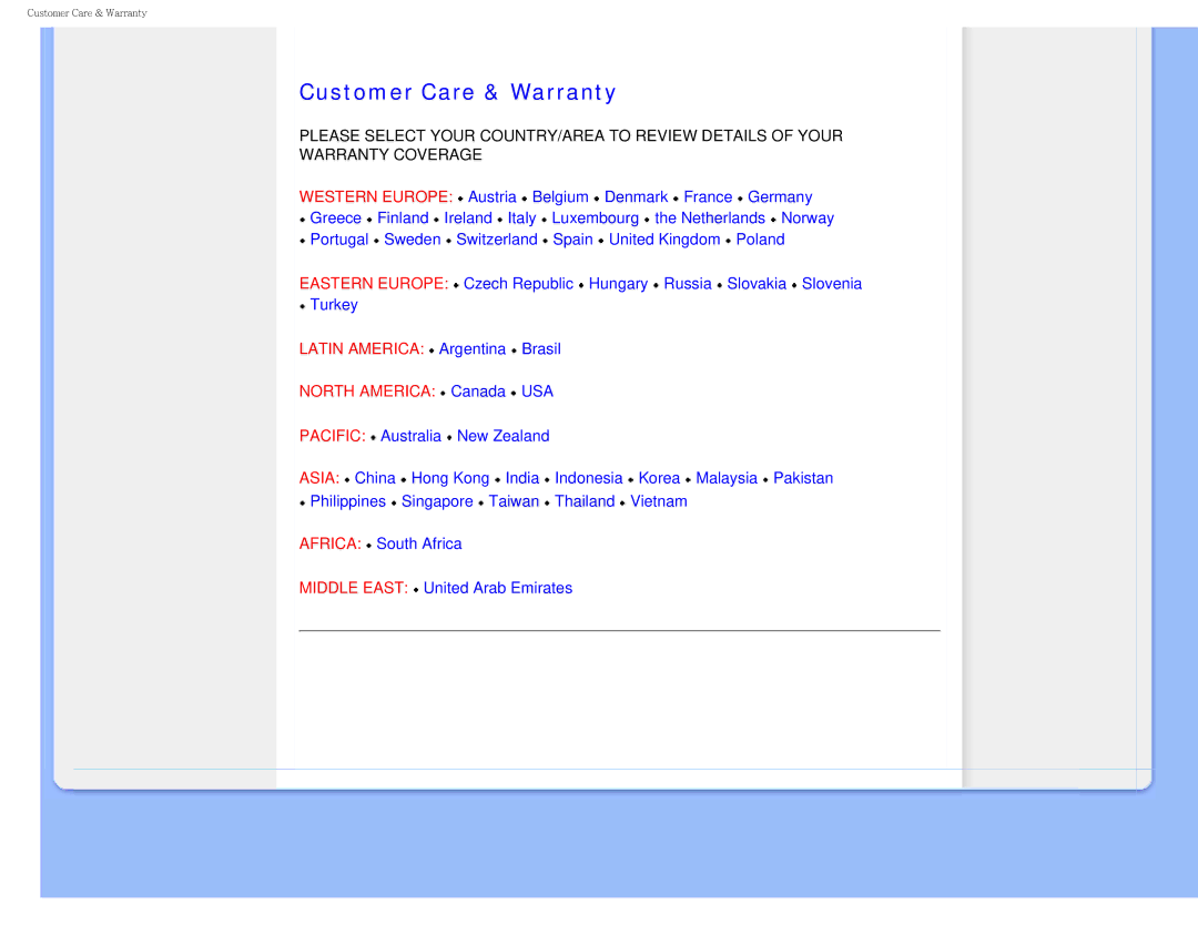 Philips I7SIA user manual Customer Care & Warranty, North America Canada USA 