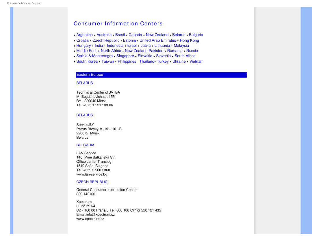 Philips I7SIA user manual Consumer Information Centers 