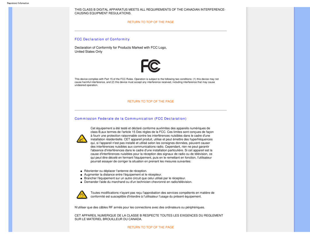 Philips I7SIA user manual FCC Declaration of Conformity, Commission Federale de la Communication FCC Declaration 