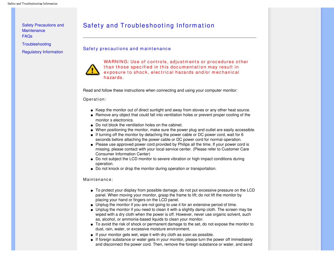 Philips I7SIA Safety and Troubleshooting Information, Safety precautions and maintenance, Regulatory Information 