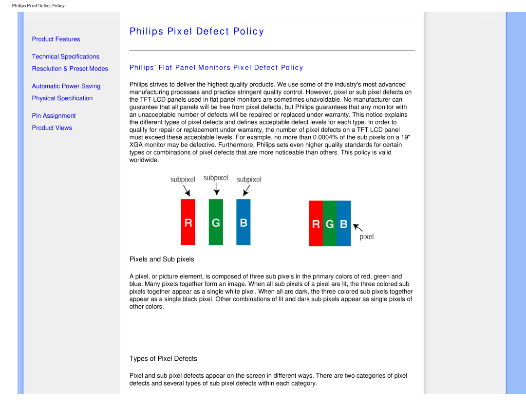 Philips I7SIA user manual Philips Pixel Defect Policy, Philips Flat Panel Monitors Pixel Defect Policy, Product Views 
