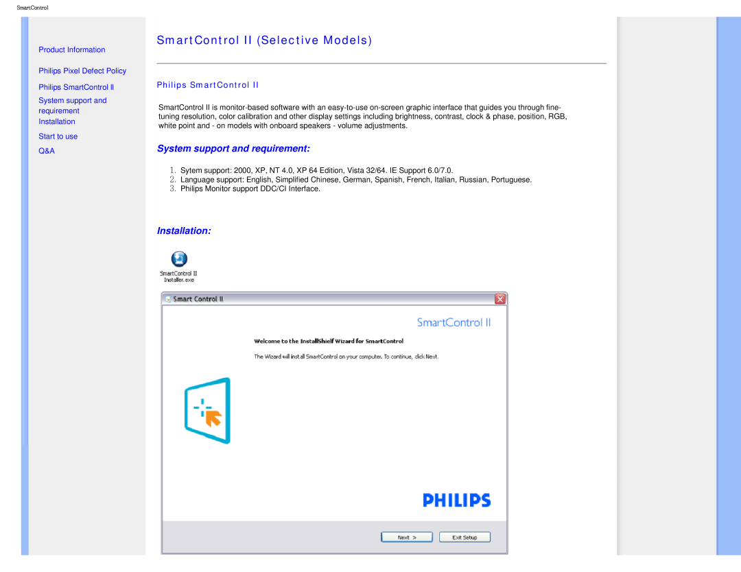 Philips I7SIA SmartControl II Selective Models, System support and requirement, Installation, Philips SmartControl 