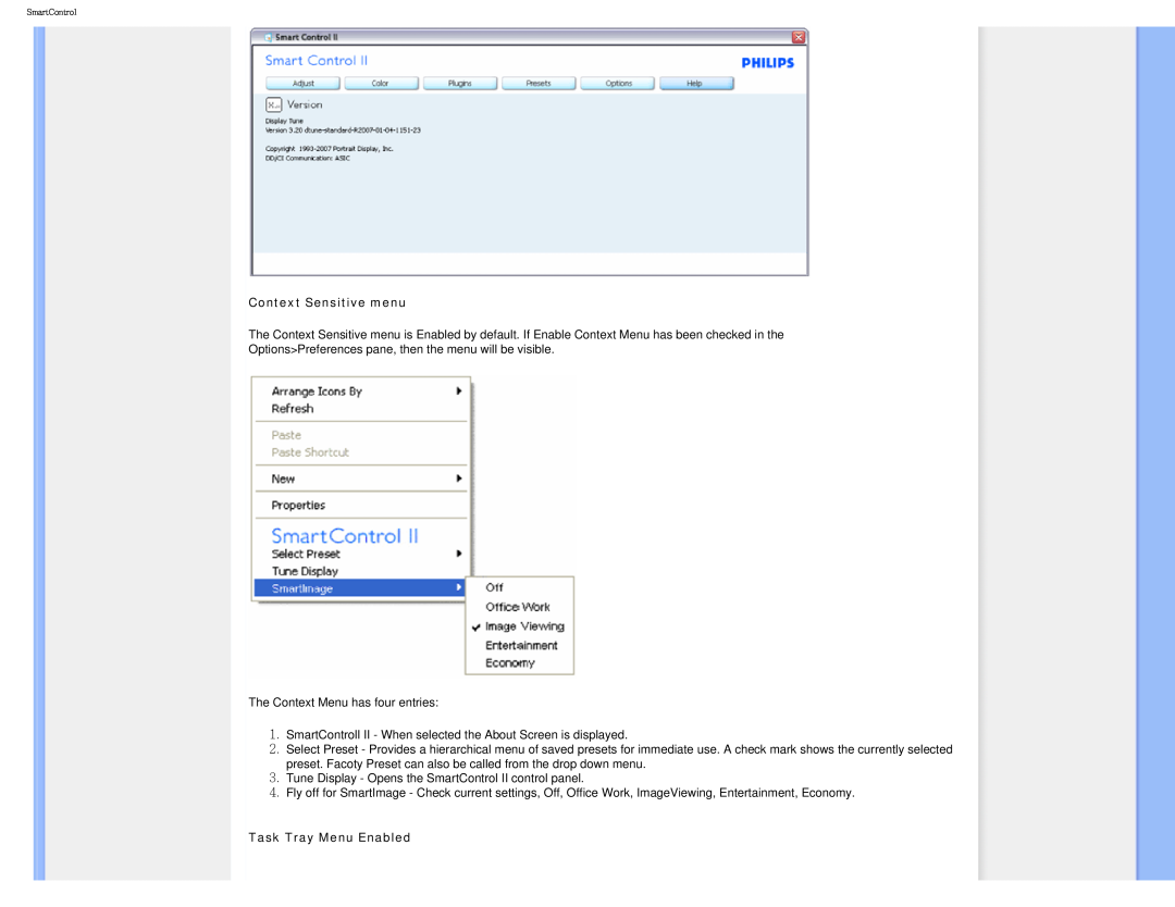 Philips I7SIA user manual Context Sensitive menu, Task Tray Menu Enabled 