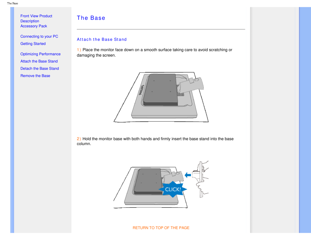 Philips I7SIA user manual The Base, Attach the Base Stand 